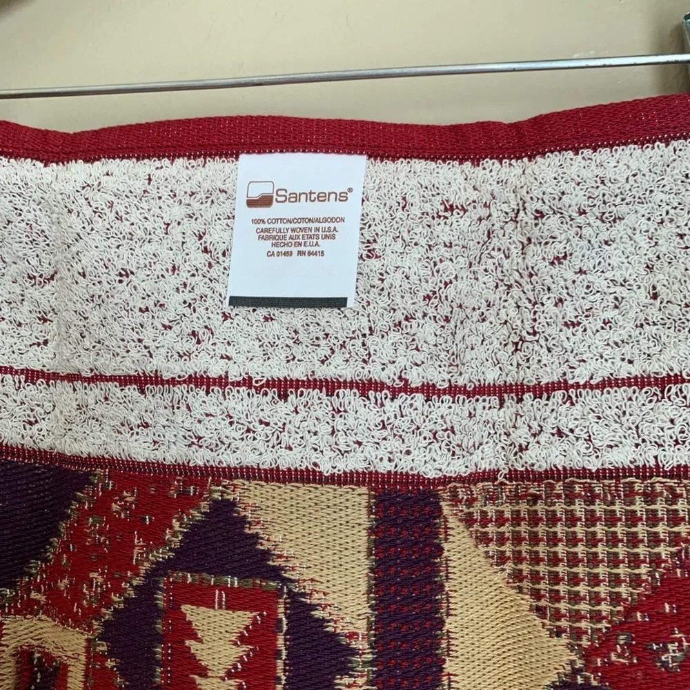 Santens VTG Christmas Tree Quilt Pattern Red Cotton Woven Bath Towels Set of 3